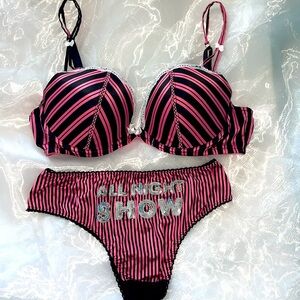 2 Pc Sexy Little Things Bra Sequin Bling All Night Show Panty Stripe Set